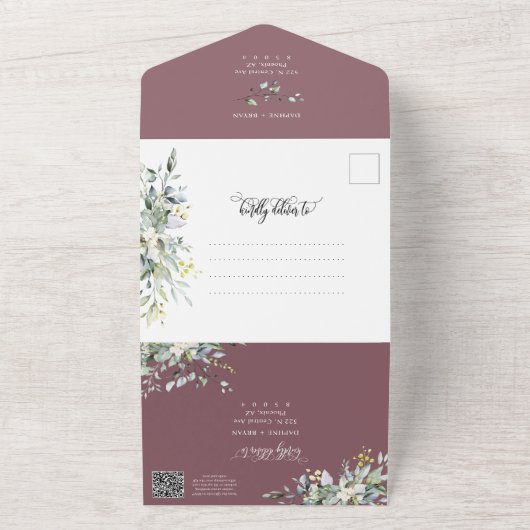 Elegante stoffige Paarse Boho Greenery trouwfoto All In One Uitnodiging (Buitenkant)