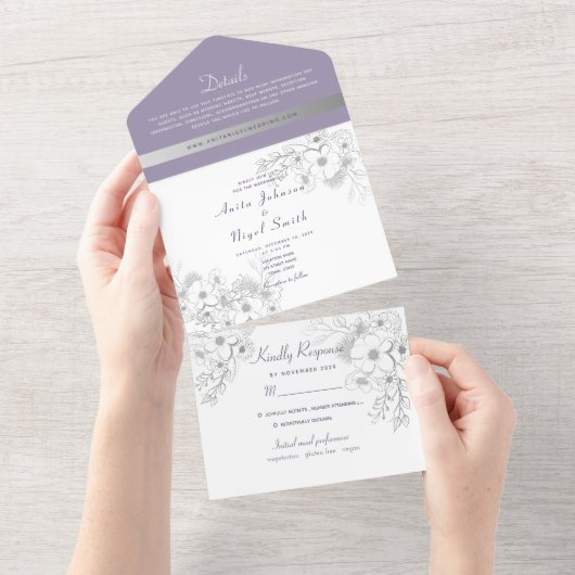 Elegante stoffige Paarse bruiloft All In One Uitnodiging (Afscheurbaar)