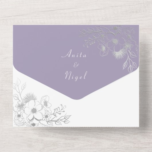 Elegante stoffige Paarse bruiloft All In One Uitnodiging (Achterkant)