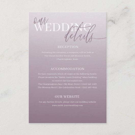 Elegante stoffige Paarse bruiloft details Informatiekaartje (Voorkant)