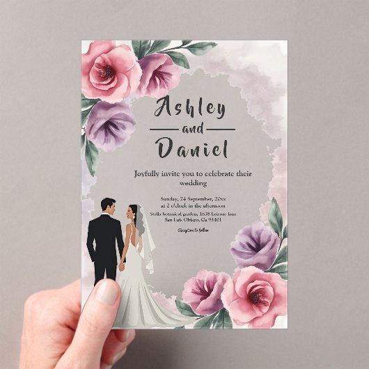 Elegante stoffige Paarse Waterverf bloemenbruiloft Acryl Uitnodigingen (Insitu (Draagbaar))