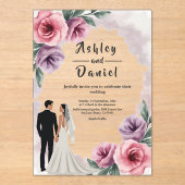 Elegante stoffige Paarse Waterverf bloemenbruiloft Acryl Uitnodigingen (Voorkant)