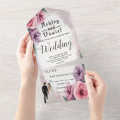 Elegante stoffige Paarse Waterverf bloemenbruiloft All In One Uitnodiging (Afscheurbaar)