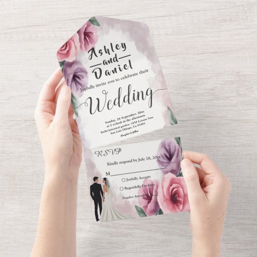 Elegante stoffige Paarse Waterverf bloemenbruiloft All In One Uitnodiging (Afscheurbaar)