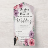 Elegante stoffige Paarse Waterverf bloemenbruiloft All In One Uitnodiging (Binnen)