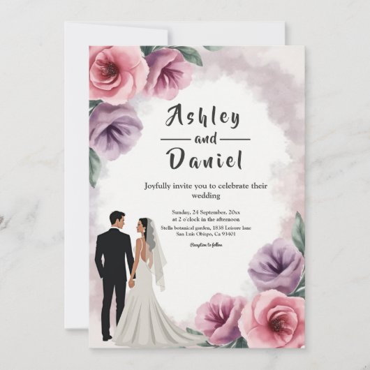 Elegante stoffige Paarse Waterverf bloemenbruiloft Kaart (Voorkant)