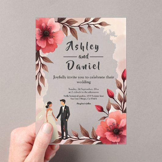 Elegante stoffige Roos bruid en bruidegom bloemenb Acryl Uitnodigingen (Insitu (Draagbaar))