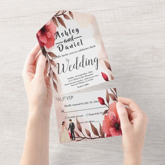Elegante stoffige Roos bruid en bruidegom bloemenb All In One Uitnodiging (Afscheurbaar)