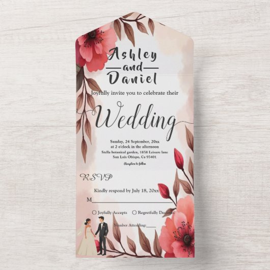 Elegante stoffige Roos bruid en bruidegom bloemenb All In One Uitnodiging (Binnen)