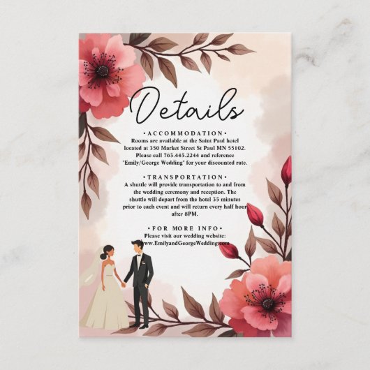 Elegante stoffige Roos bruid en bruidegom bloemenb Informatiekaartje (Voorkant)