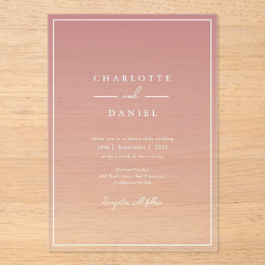 Elegante stoffige Roos gradient bruiloft Acryl Uitnodigingen (Voorkant)