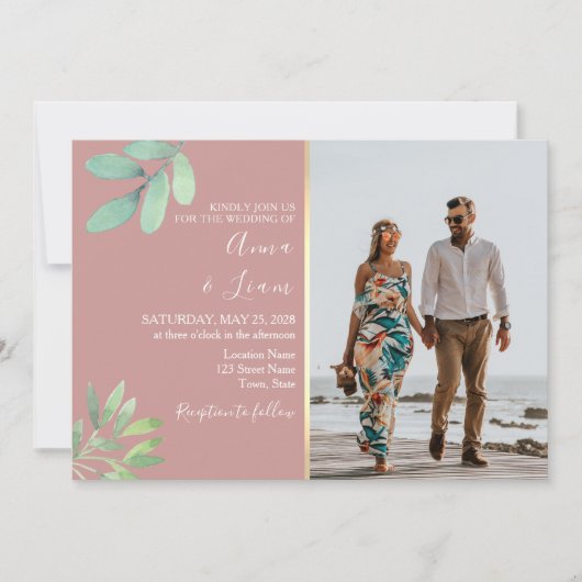 Elegante stoffige Roos groen bruiloft foto Kaart (Voorkant)