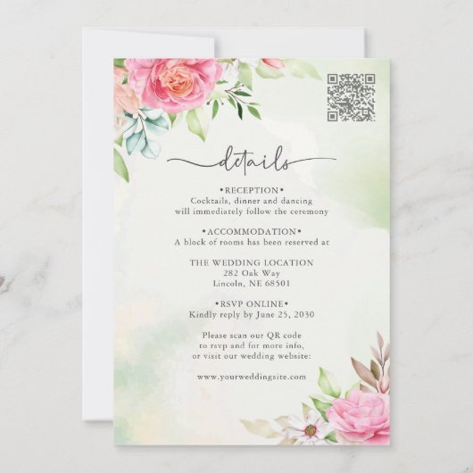 Elegante stoffige Roos huwelijksuitnodiging met QR Kaart (Achterkant)