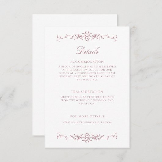 Elegante stoffige Roos lijn Art bruiloft details Informatiekaartje (Voorkant / Achterkant)