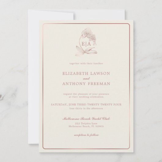 Elegante stoffige Roos orchidee monogram bruiloft Kaart (Voorkant)