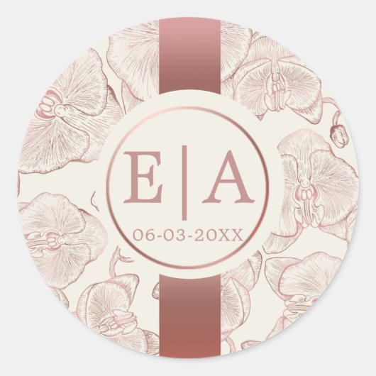 Elegante stoffige Roos orchidee monogram bruiloft Ronde Sticker (Voorkant)