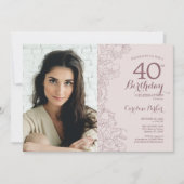 Elegante Stoffige Roze Bloemen Foto 40e Verjaardag Kaart (Voorkant)