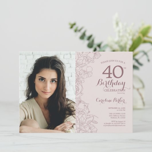 Elegante Stoffige Roze Bloemen Foto 40e Verjaardag Kaart (Staand voorkant)