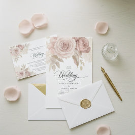 Elegante stoffige roze bloemenbruiloft met groenbl kaart