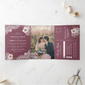 Elegante stoffige roze bloemenkant trouwfoto drieluik uitnodiging (Binnen)