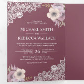 Elegante stoffige roze bloemenkant trouwfoto drieluik uitnodiging (Binnenzijde eerst)