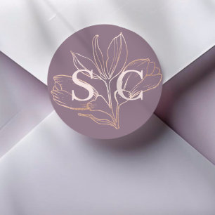 Elegante stoffige roze botanische monogram bruilof ronde sticker