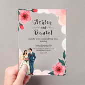 Elegante stoffige roze bruid en bruidegom bloemenb acryl uitnodigingen (Insitu (Draagbaar))