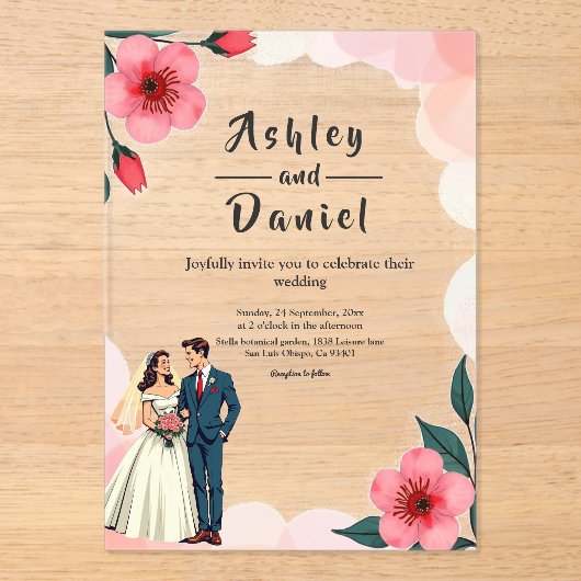 Elegante stoffige roze bruid en bruidegom bloemenb acryl uitnodigingen (Voorkant)