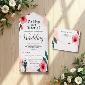 Elegante stoffige roze bruid en bruidegom bloemenb all in one uitnodiging