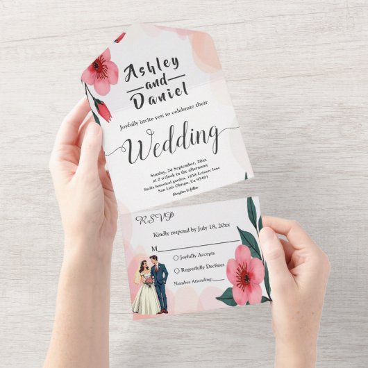 Elegante stoffige roze bruid en bruidegom bloemenb all in one uitnodiging (Afscheurbaar)