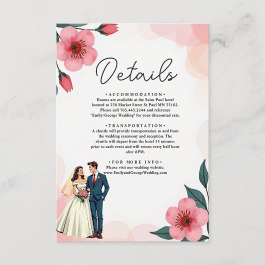 Elegante stoffige roze bruid en bruidegom bloemenb informatiekaartje (Voorkant)