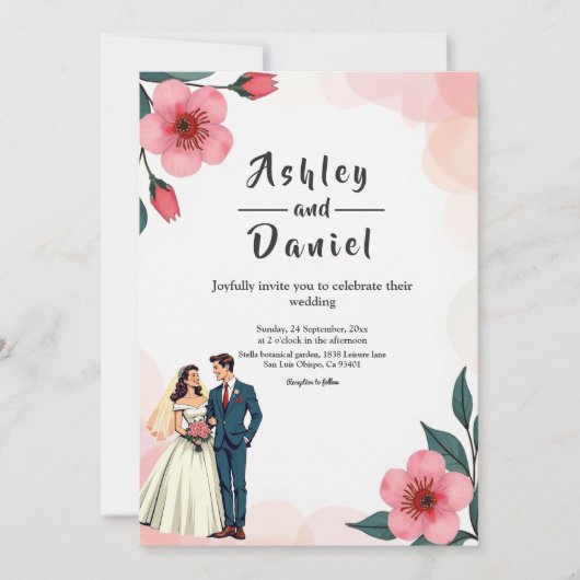 Elegante stoffige roze bruid en bruidegom bloemenb kaart (Voorkant)