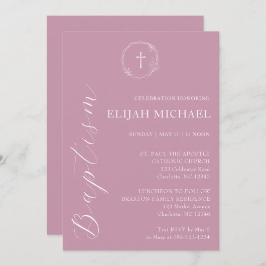 Elegante stoffige roze doop kruis krans uitnodigin kaart (Voorkant / Achterkant)