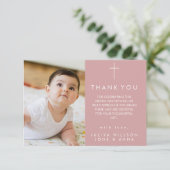 Elegante stoffige roze foto doop Dank u kaart (Staand voorkant)