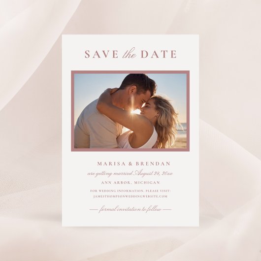 Elegante stoffige roze fotolijst bruiloft save the date