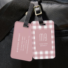 Elegante stoffige roze geruite monogram bagagelabel