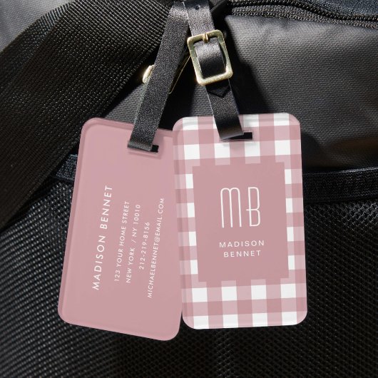 Elegante stoffige roze geruite monogram bagagelabel