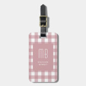 Elegante stoffige roze geruite monogram bagagelabel (Voorkant verticaal)