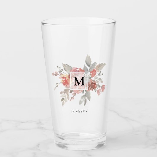Elegante stoffige roze grijze bloemmonogram glas (Voorkant)
