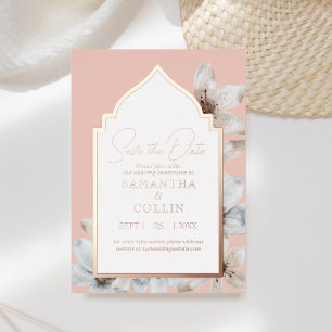 Elegante stoffige roze magnolia bloemen save the d folie uitnodiging