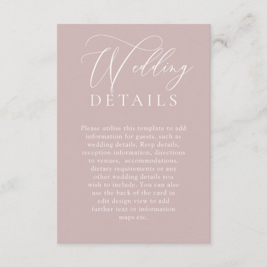 Elegante stoffige roze moderne bruiloft details informatiekaartje (Voorkant)