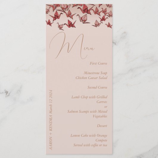 Elegante stoffige roze papierkraan menu (Voorkant)