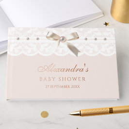 Elegante stoffige roze parels Bow Lace Baby shower Gastenboek