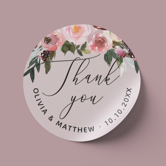 Elegante stoffige roze roos. Floral bruiloft dank  Ronde Sticker
