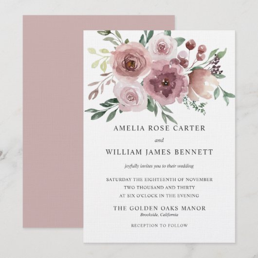 Elegante stoffige roze roos moderne bloemenbruilof kaart (Voorkant / Achterkant)