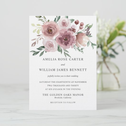 Elegante stoffige roze roos moderne bloemenbruilof kaart (Staand voorkant)