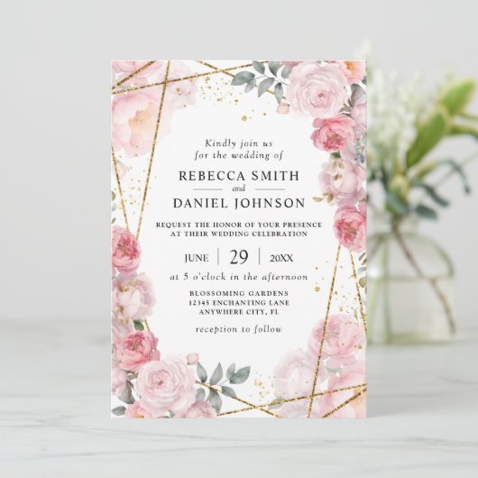 Elegante stoffige roze rozen en gouden geometrisch kaart (Staand voorkant)