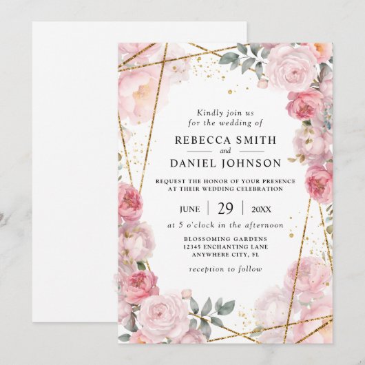 Elegante stoffige roze rozen en gouden geometrisch kaart (Voorkant / Achterkant)