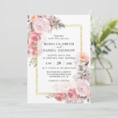 Elegante stoffige roze rozen en gouden moderne bru kaart (Staand voorkant)