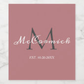 Elegante stoffige roze script familie monogram naa wijn etiket (Enkel label)